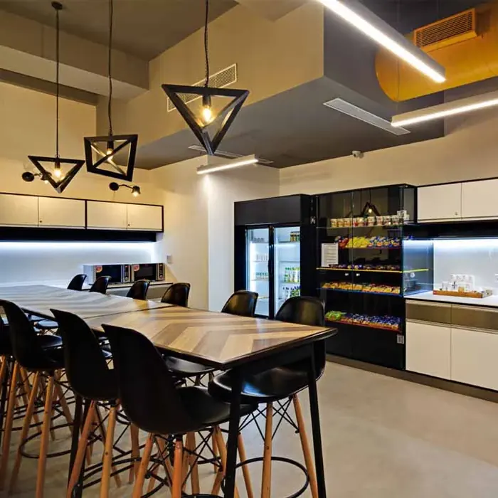 The pantry counter and high table in the New Delhi office.